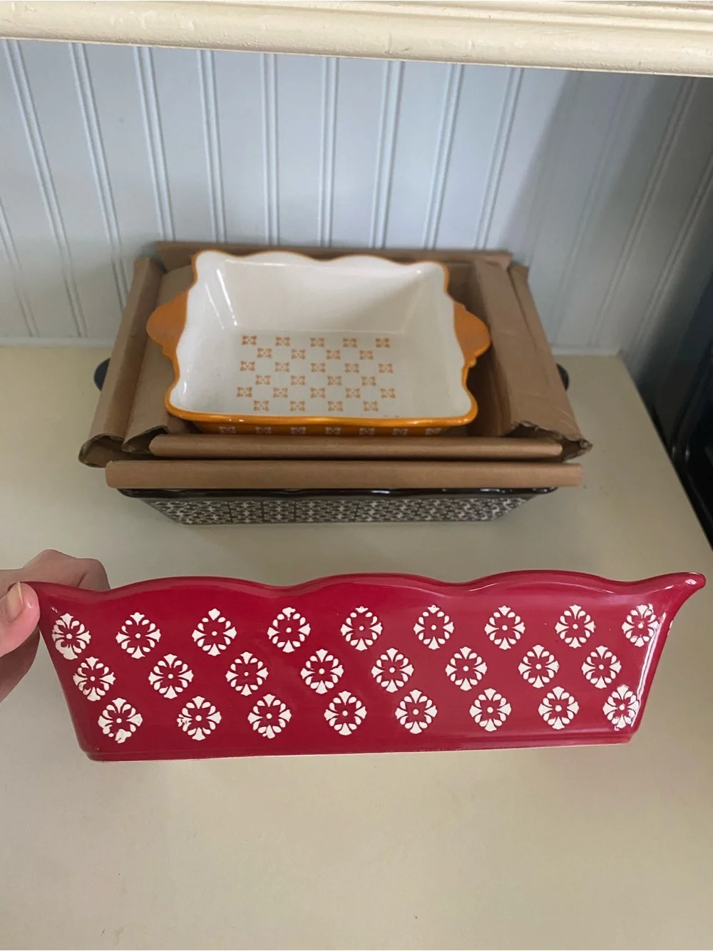 Set of 3 Stackable Festive Rectangle Ceramic Baking Dishes - Orange, Red, Black